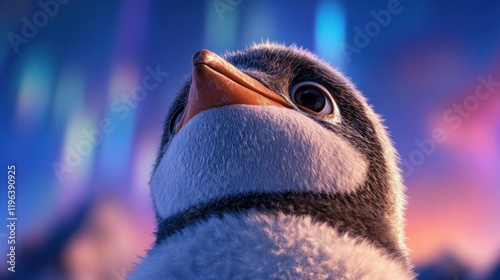 young penguin looks upward in awe at the vibrant northern lights illuminating the Arctic sky during twilight. scene captures the beauty of nature and wildlife in a serene moment