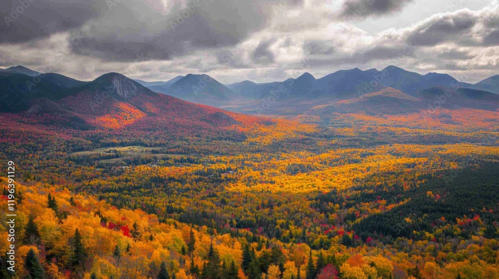 Naklejka premium Breathtaking autumn landscape with vibrant colors and majestic mountains under a cloudy sky. A perfect setting for nature lovers and adventure seekers. Generative AI