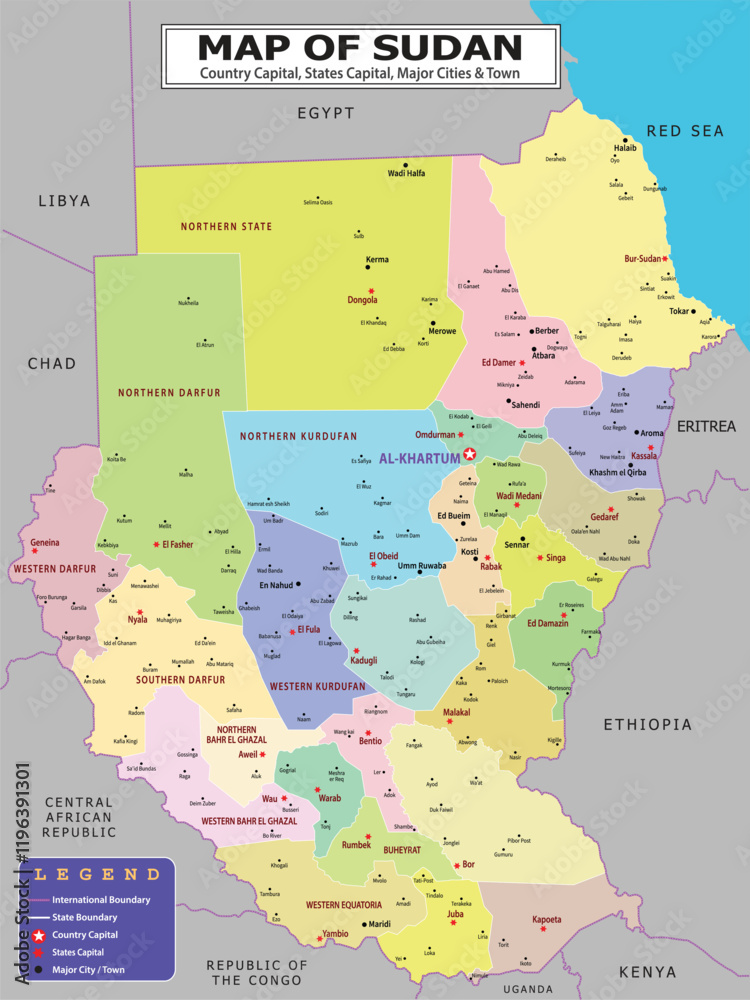 Obraz premium African Countries Geography Political map. Political map of country with capital, province or state capital, major cities and town.