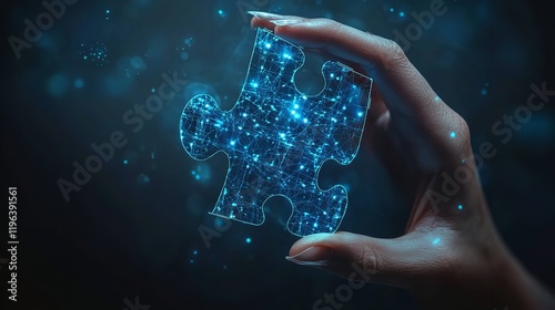  Blue Digital Jigsaw Puzzle Business Success Strategy Hand Holding Piece. photo