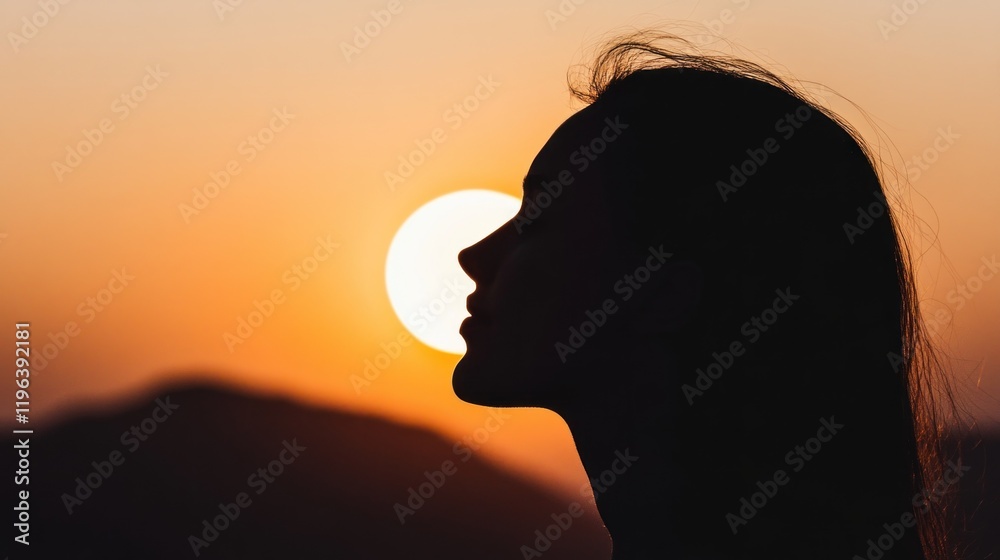 Fototapeta premium woman stands in profile as she enjoys a breathtaking sunset. warm orange glow of the sun casts a beautiful shadow, highlighting the contours of her face against the landscape