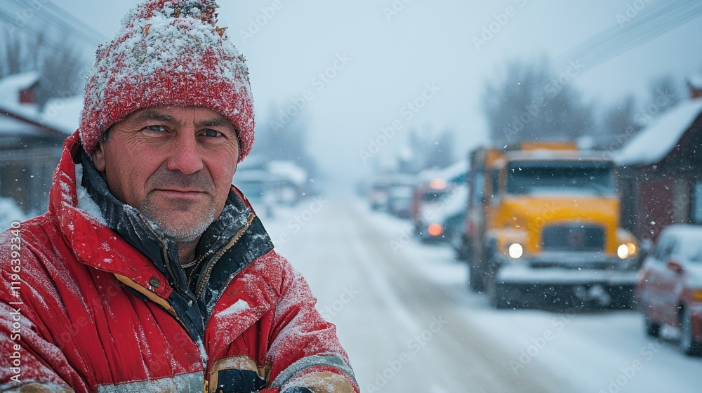 worker stands confidently on a snow-covered road, bundled in a vibrant red jacket and a hat, as snowfall blankets the rural landscape and vehicles navigate through the winter weather worker stands confidently on a snow-covered road, bundled in a vibrant red jacket and a hat, as snowfall blankets the rural landscape and vehicles navigate through the winter weather