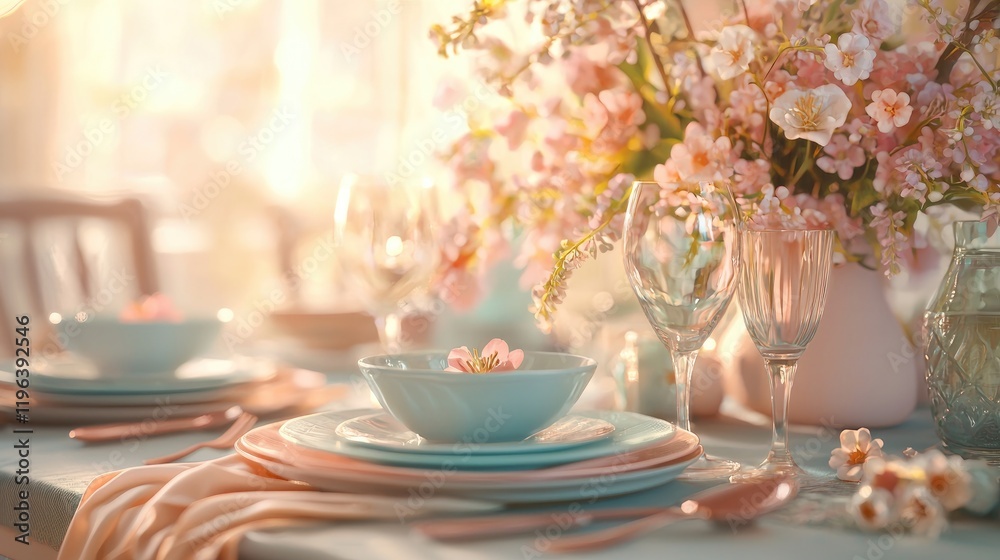 Pastel Springtime Table Setting Elegant Easter Brunch or Wedding Reception Pastel Springtime Table Setting Elegant Easter Brunch or Wedding Reception