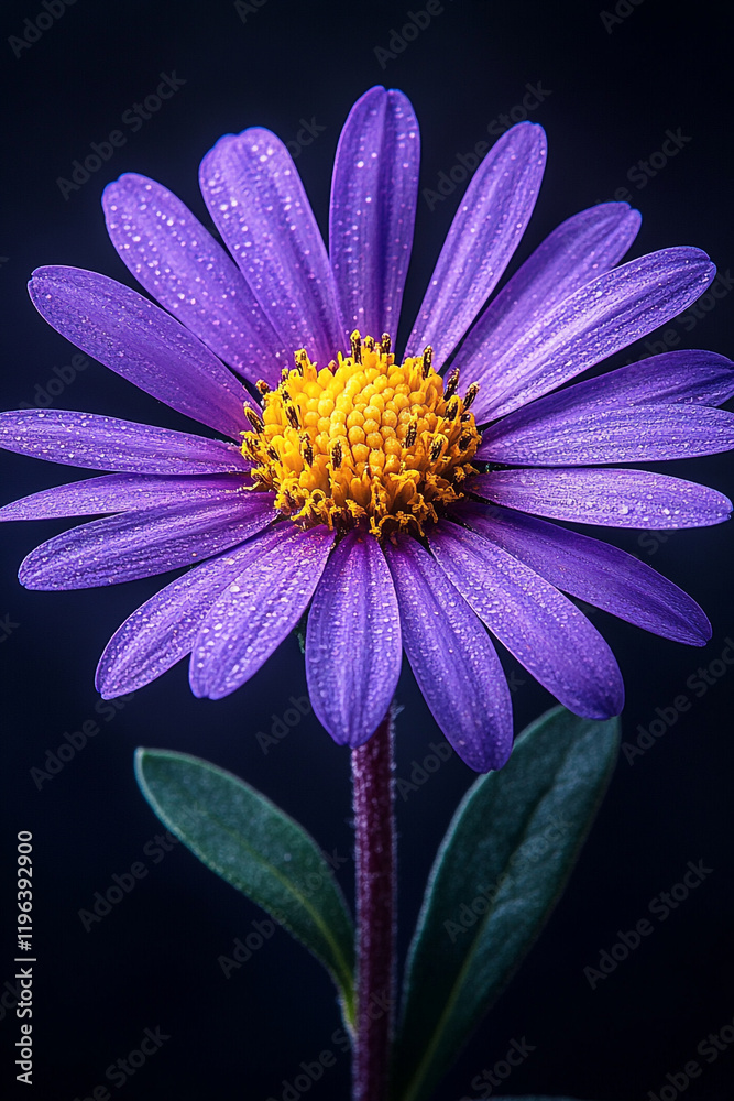 Fototapeta premium A Dew Kissed Purple Daisy Flower Blooms Darkly
