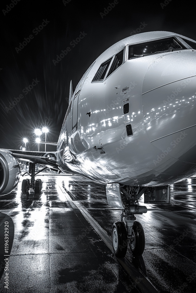 Fototapeta premium Airplane Cockpit View Nighttime Runway Reflections