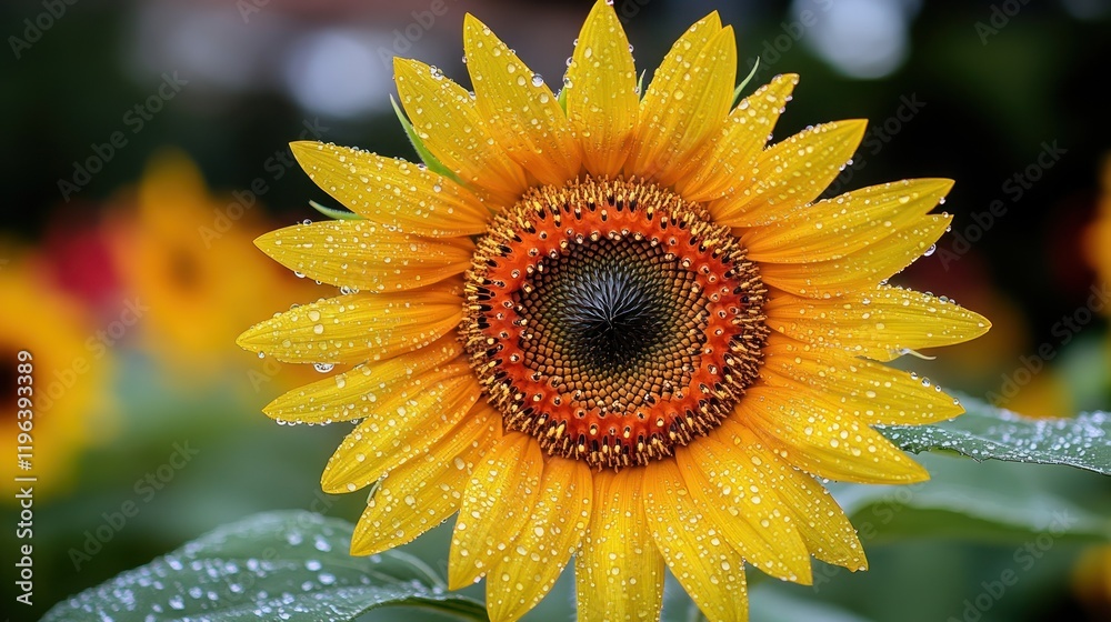 Obraz premium Dew-kissed sunflower field closeup, summer