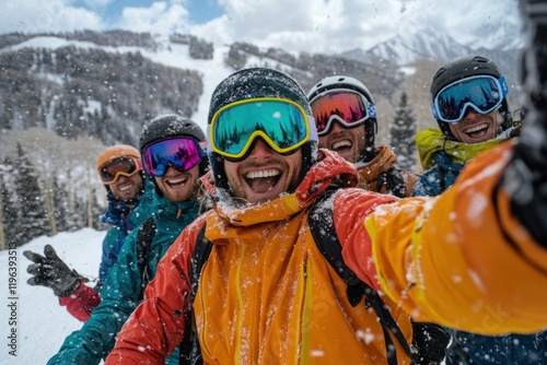 Skiing buddies taking a selfie amidst a snowy mountain backdrop photo