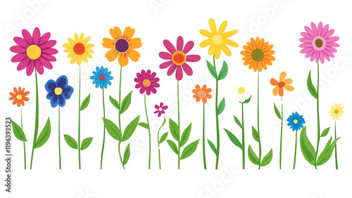 Colorful Spring Flowers Illustration with Vibrant Blooms and Green Stem,  Nature-Inspired Art background, Kids room wall stickers clipart