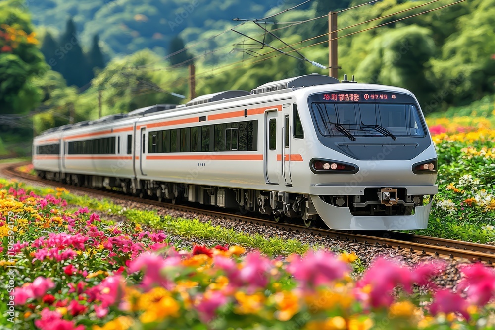 Obraz premium Modern Train Speeding Through Vibrant Flower Fields