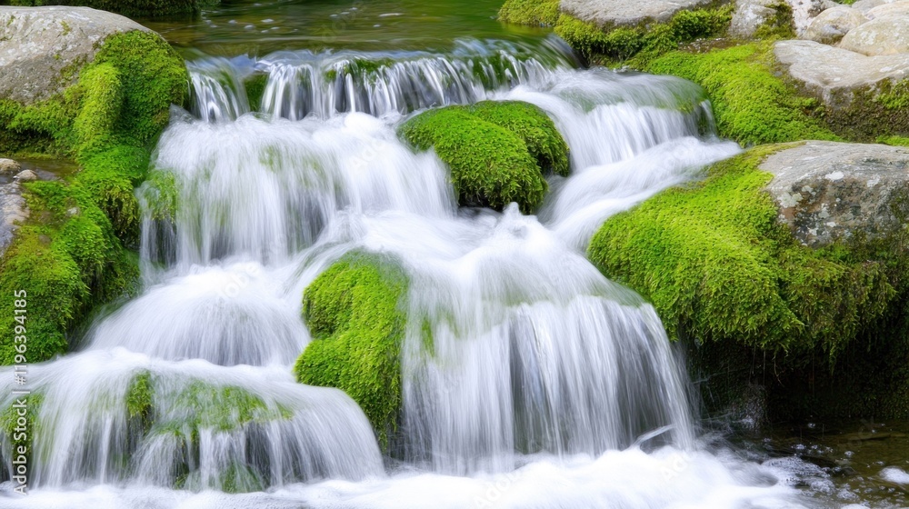 Fototapeta premium A serene waterfall cascading over moss-covered rocks.