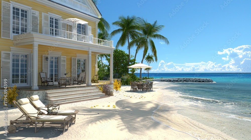 Tropical beach house with palm trees and ocean view. Tropical beach house with palm trees and ocean view.