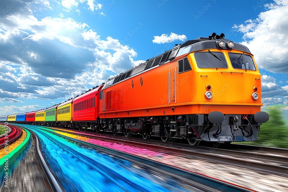 Colorful Passenger Train Speeds Across Scenic Tracks Colorful Passenger Train Speeds Across Scenic Tracks