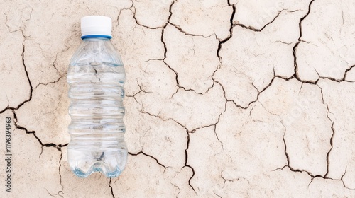 Water Bottle on Dry Cracked Earth: A single plastic water bottle lies on the parched, cracked earth, a stark contrast to the arid landscape. photo