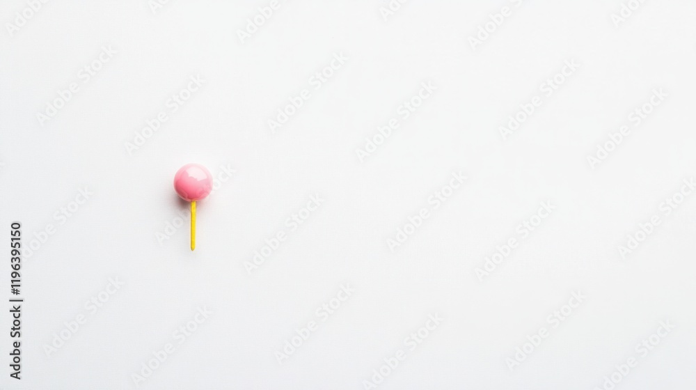 A small pink note pinned with a contrasting yellow push pin at the top left corner, isolated on white A small pink note pinned with a contrasting yellow push pin at the top left corner, isolated on white