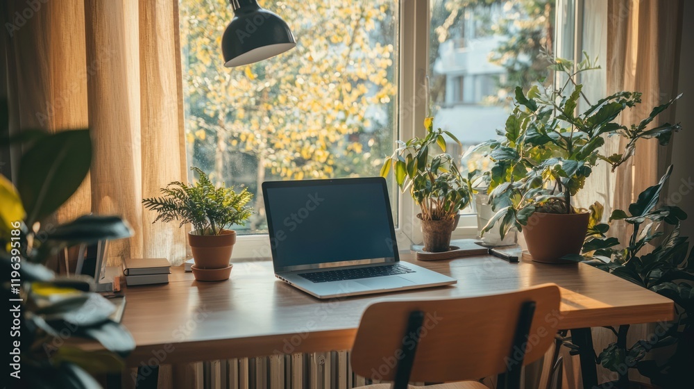 custom made wallpaper toronto digitalA modern home office setup with a clean desk, laptop, and plants adding a touch of nature.