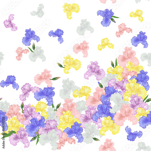 蝶のように飛び立つジャーマンアイリスのシームレスパターン