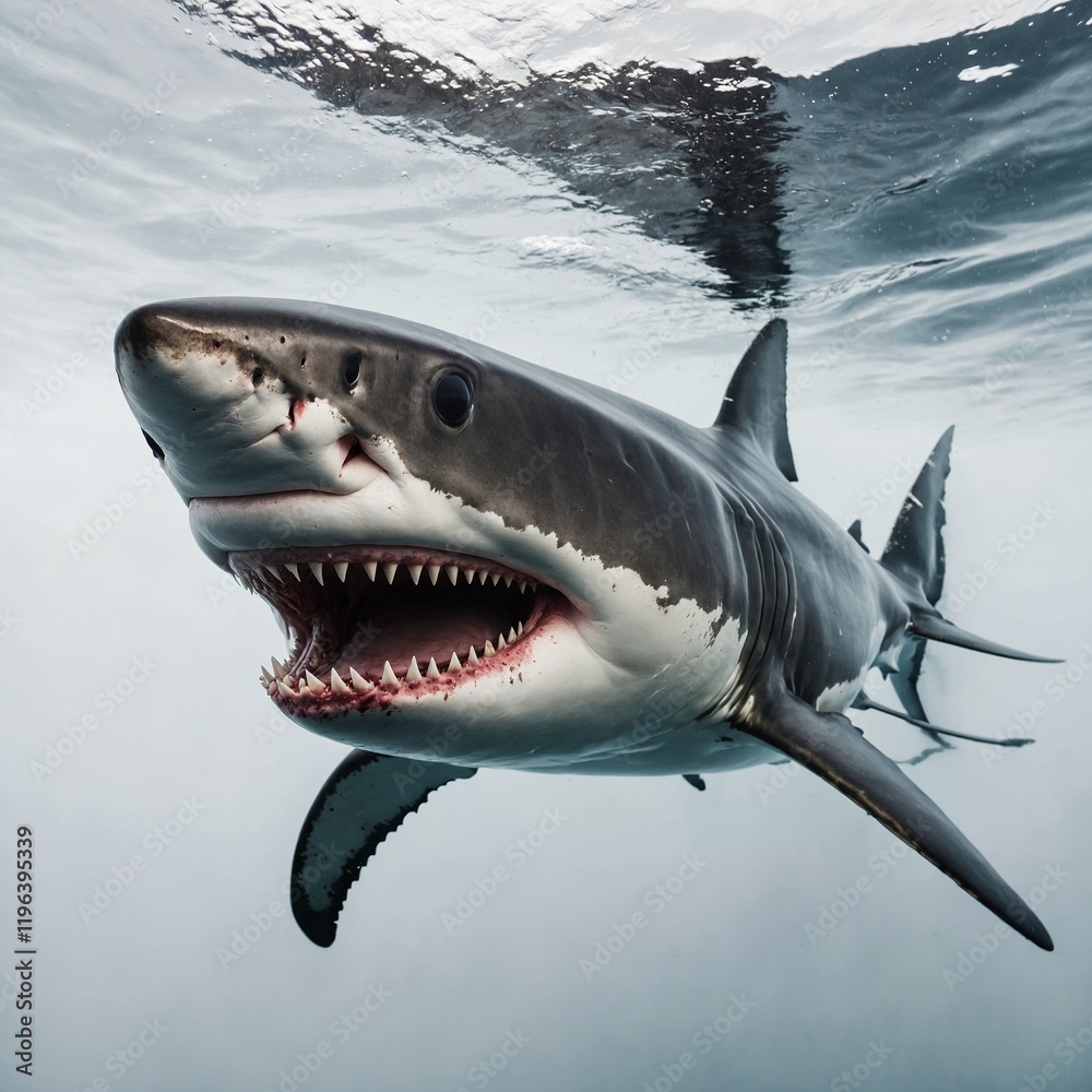 Naklejka premium A great white shark with its gills clearly detailed, swimming horizontally on a white background.