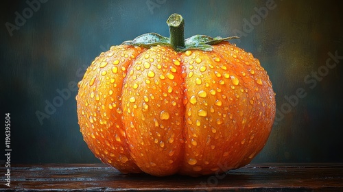 Dewy pumpkin autumn harvest table still life photo