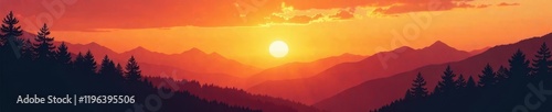 Golden sunset background with silhouetted trees and mountains , serene, peaceful, trees