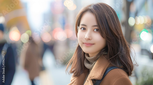 綺麗なアジア人女性と冬の街歩きデートのイメージ