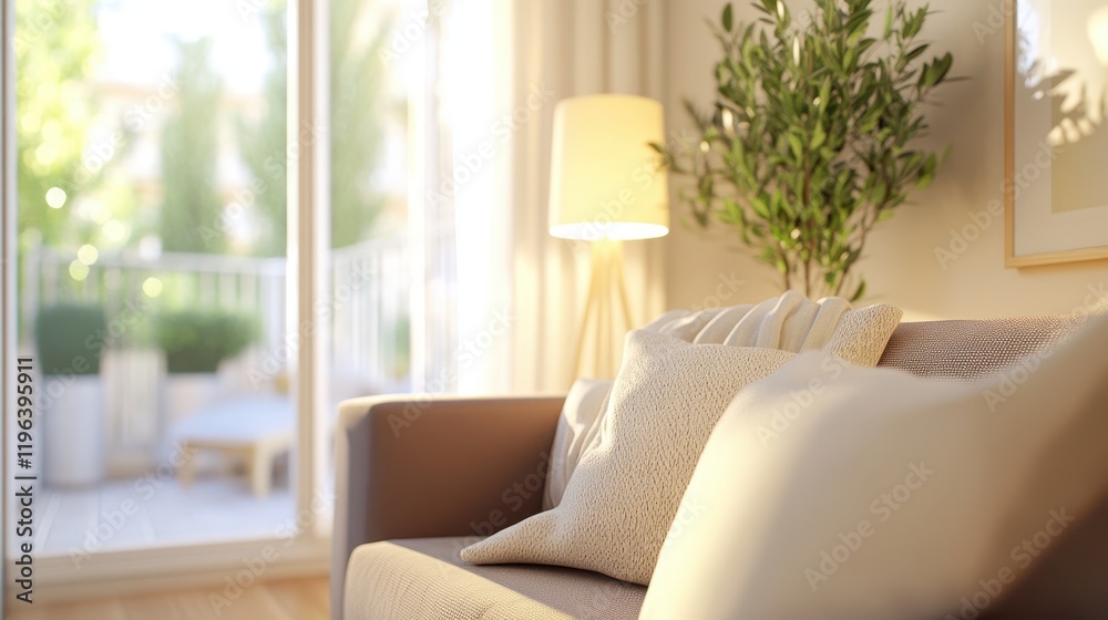 Fototapeta premium Cozy Living Room Interior: Soft sunlight streams through a window, illuminating a plush gray couch with soft white pillows in a modern living room, creating a sense of tranquility and comfort.