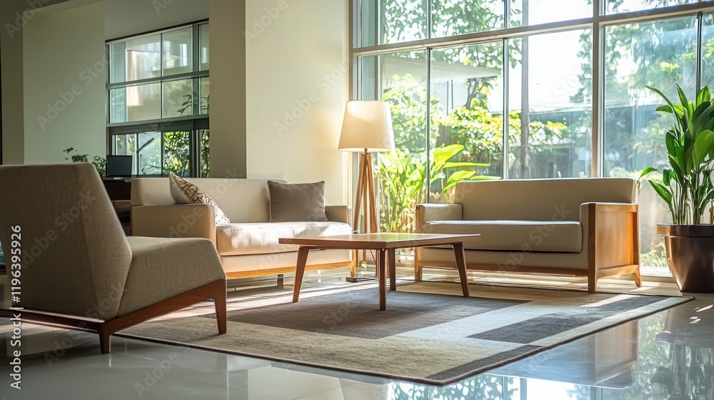 Fototapeta premium A modern interior of a living room with contemporary furniture, bright windows, and a welcoming feel
