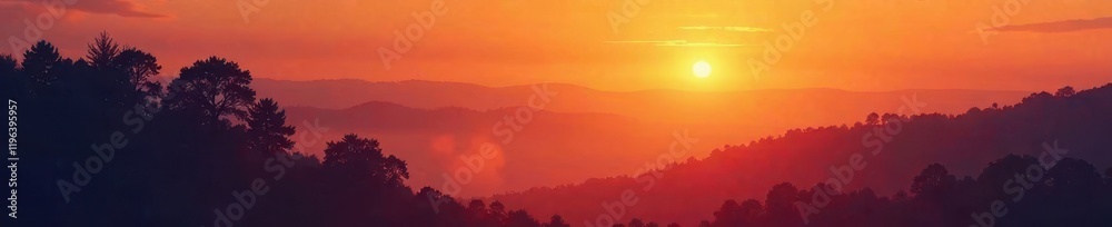 Atmospheric sunset over misty forest landscape with silhouetted trees and warm orange hues, atmosphere, trees, artistic Atmospheric sunset over misty forest landscape with silhouetted trees and warm orange hues, atmosphere, trees, artistic