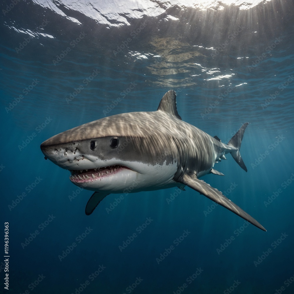 Naklejka premium A baby great white shark with a curious and playful look, isolated on white.