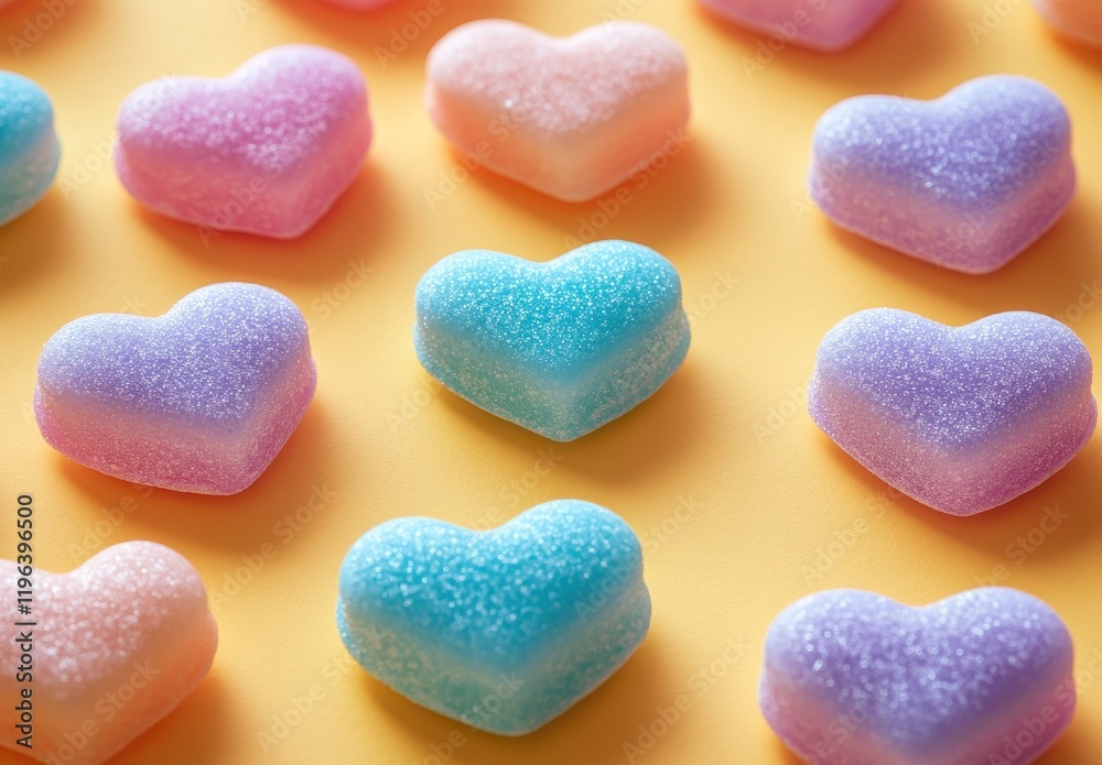 Obraz premium Colorful Heart-Shaped Gummies on a Yellow Background Ideal for Valentine's Day Celebrations and Sweet Treat Promotions Featuring Perfect Pastel Shades