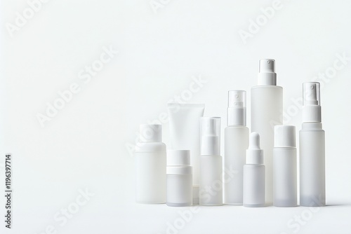 Wallpaper Mural Lotion, cream, toner, serum, White blank tube and small cosmetic container mockup on clean white background, ads, banners, plastic, glass, 10-step skincare routine, products, copy space, branding Torontodigital.ca