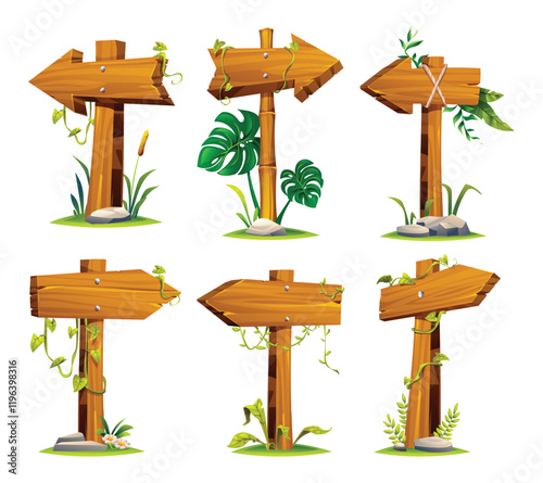 Set of wooden arrow signposts surrounded by tropical plants and hanging vines. Vector cartoon illustration