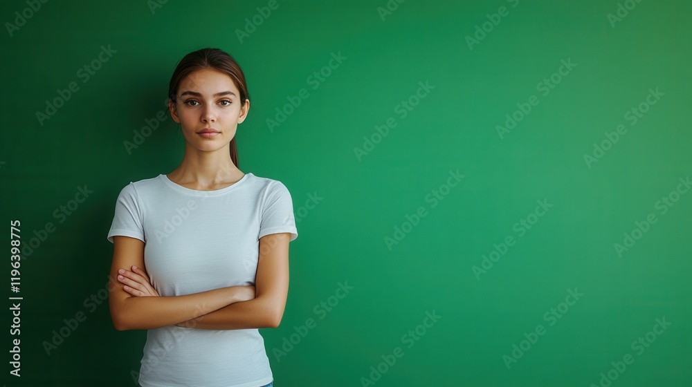 Curious Individual with Green Backdrop, Engaging Head Tilt, Space for Text, Vibrant and Inviting Atmosphere Curious Individual with Green Backdrop, Engaging Head Tilt, Space for Text, Vibrant and Inviting Atmosphere