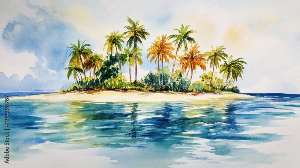 Fototapeta premium A peaceful watercolor painting of an island with vibrant palms and calm ocean waters, radiating tropical bliss, on white
