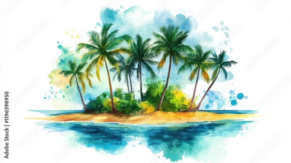 Fototapeta premium A picturesque island with vibrant watercolor palms and a warm golden beach surrounded by turquoise waters, on white