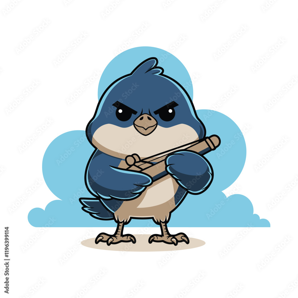 Obraz premium A cartoon bird with a blue and white color scheme, standing confidently with an angry expression.