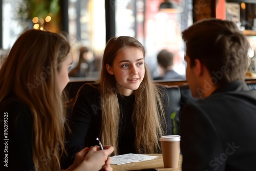 Small group of young people at a business meeting in a cafe, Generative AI