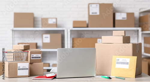 laptop with parcels on tabl...