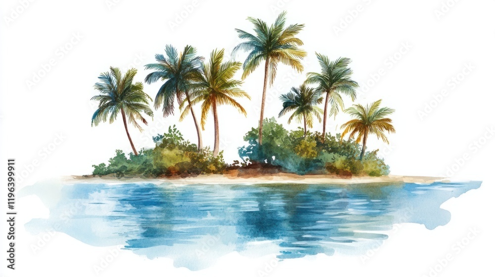 Fototapeta premium A serene watercolor island with tall palms and a sandy shore, surrounded by a gradient blue ocean, isolated on white