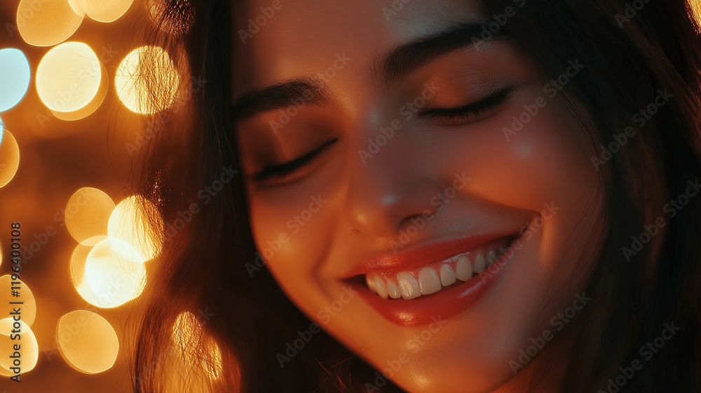 Close-up of smiling woman with golden bokeh lights. Ideal for wellness coaching, meditation apps, and spiritual awakening content. Close-up of smiling woman with golden bokeh lights. Ideal for wellness coaching, meditation apps, and spiritual awakening content.