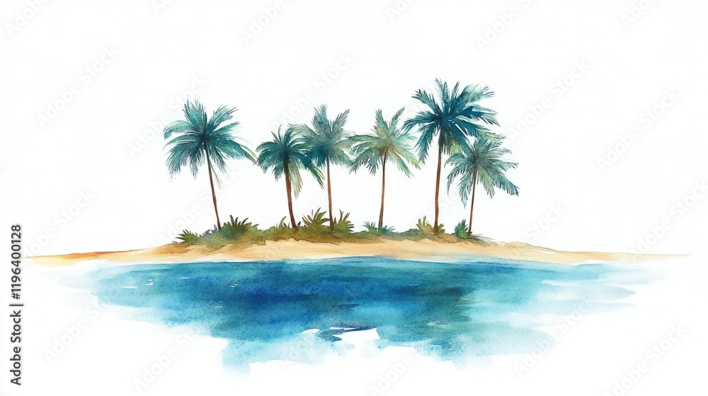 A serene watercolor island with tall palms and a sandy shore, surrounded by a gradient blue ocean, isolated on white