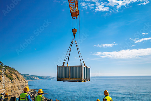 Construction crane lifting heavy materials at a building site photo