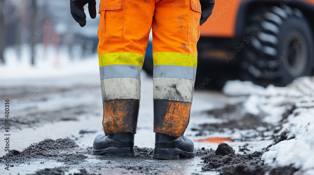 Construction worker boots in snow and mud. Essential for workplace safety campaigns, industrial equipment marketing, and job site documentation. Construction worker boots in snow and mud. Essential for workplace safety campaigns, industrial equipment marketing, and job site documentation.