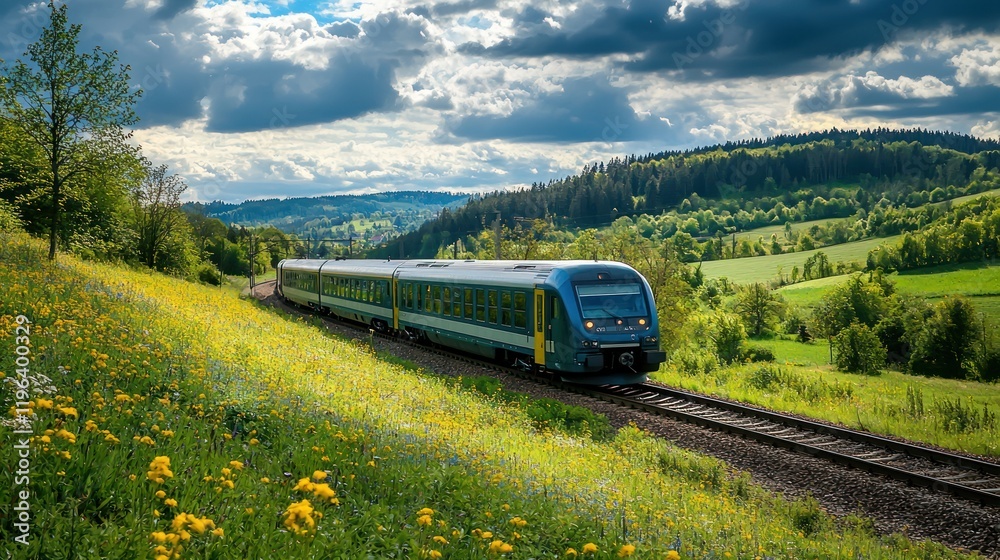 A modern passenger train traveling through a scenic countryside. A modern passenger train traveling through a scenic countryside.