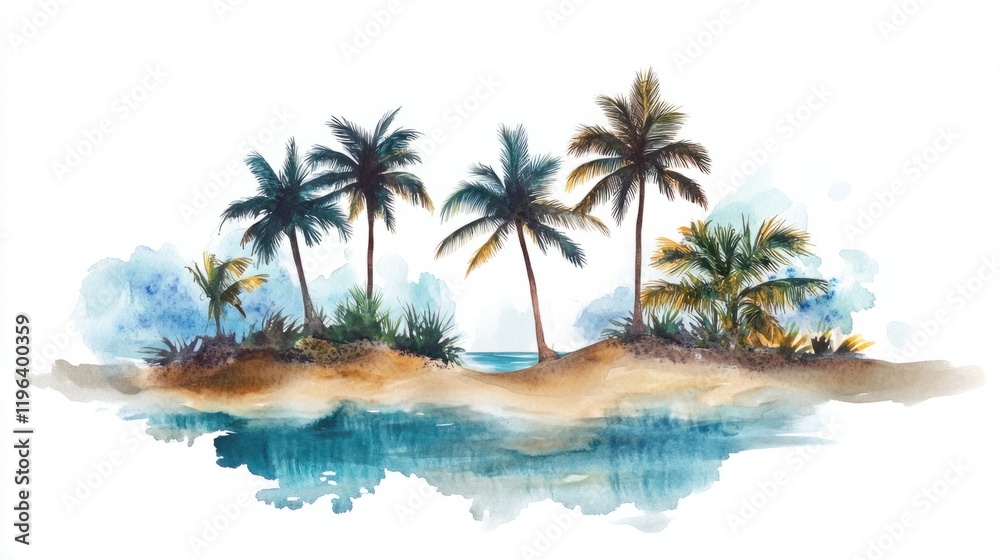 Fototapeta premium A small tropical oasis with watercolor palms and soft sand, set against a gradient blue sea, isolated on white