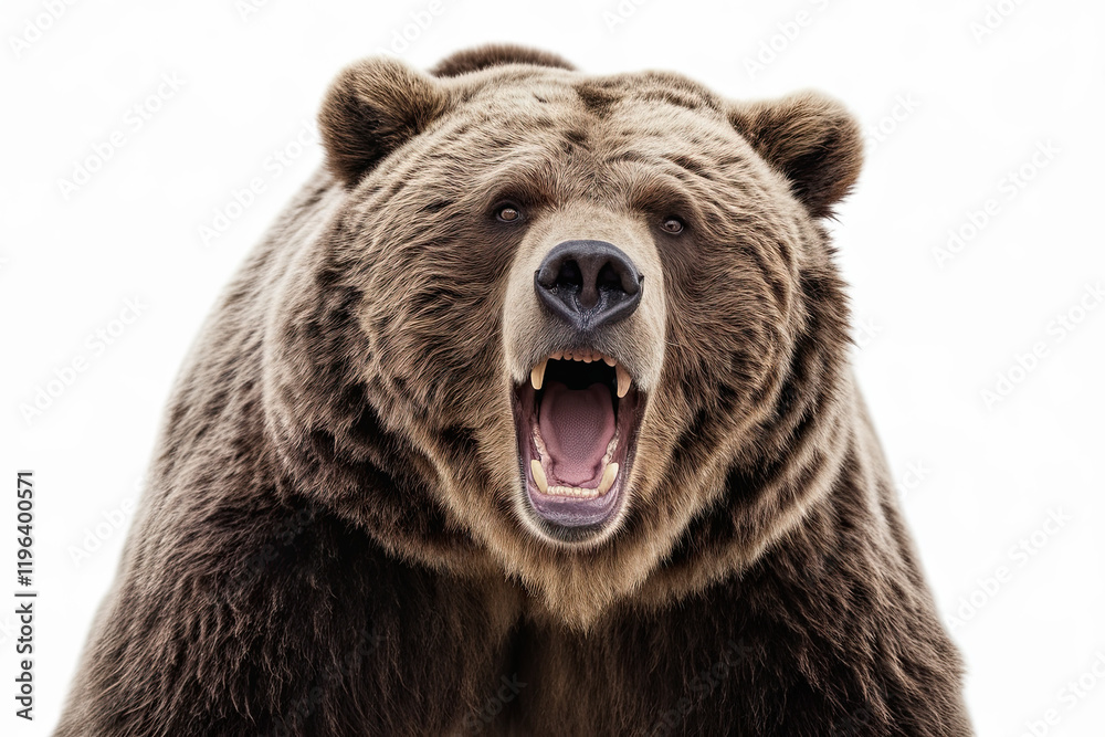 Grizzly bear roaring on a white background, highlighting its raw power Grizzly bear roaring on a white background, highlighting its raw power