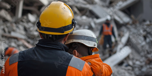 rescue worker in protective gear embraces child amid rubble, showcasing bravery and compassion in disaster scene photo