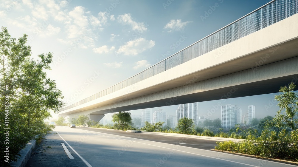 Modern Highway Overpass with City Skyline View Modern Highway Overpass with City Skyline View