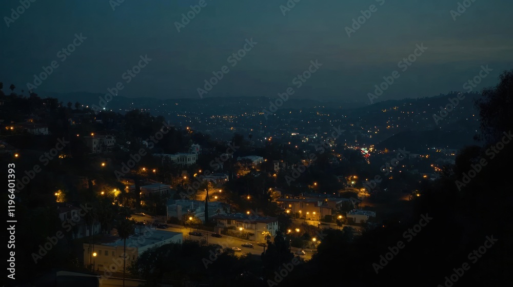 Obraz premium Nightfall over City Hillsides: A Panoramic View of Illuminated Houses and Distant Lights
