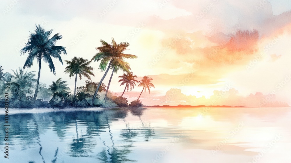 Fototapeta premium A tropical island scene with watercolor palms and calm, reflective waters under a soft sunrise sky, isolated on white