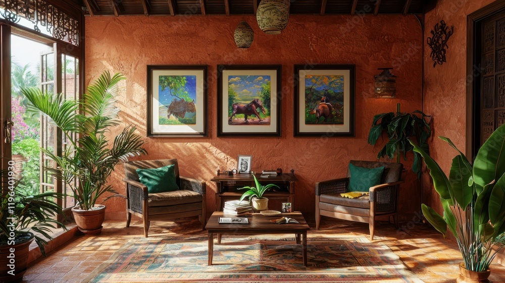 Fototapeta premium Serene Tropical Living Room with Sunlit Artwork